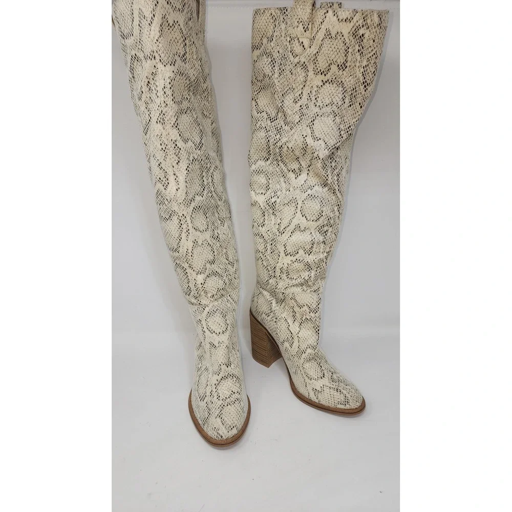 Mi.iM Over The Knee Boots Women Sz 6 Cream Grey Snakeskin Block Heel Pointed Toe